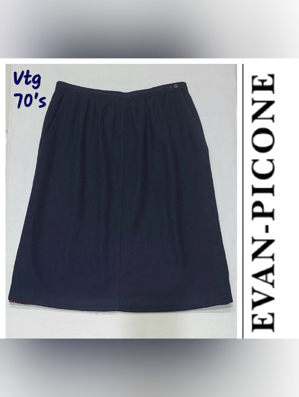 VTG 70s Evan Picone Navy Wool Blend A-Line Midi Dirndl Skirt Pockets Sz 16 ILGWU